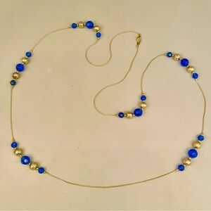 Vintage Cobalt Blue & Gold Bead Long Chain Necklace Gold Tone Plastic Metal